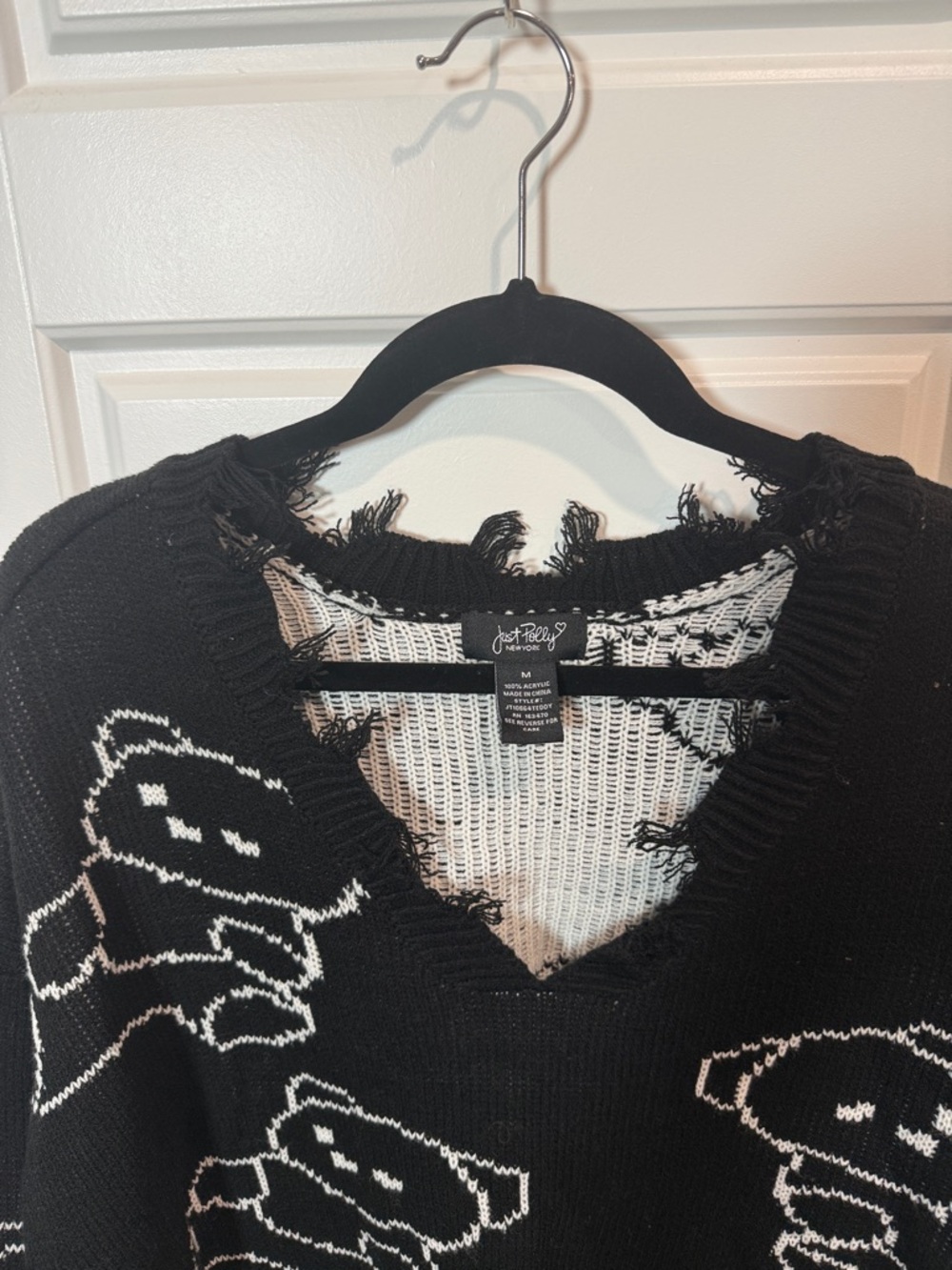Joyrich Black Knit V-Neck Sweater with White Teddy Bear Motif - Picture 2 of 8